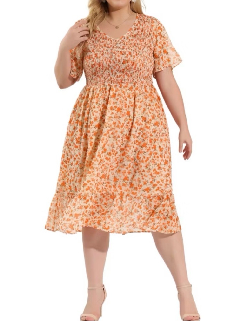 Agnes Orinda Plus Size Elegant Smocked Chiffon Floral Midi A Line Dress, Size 3X